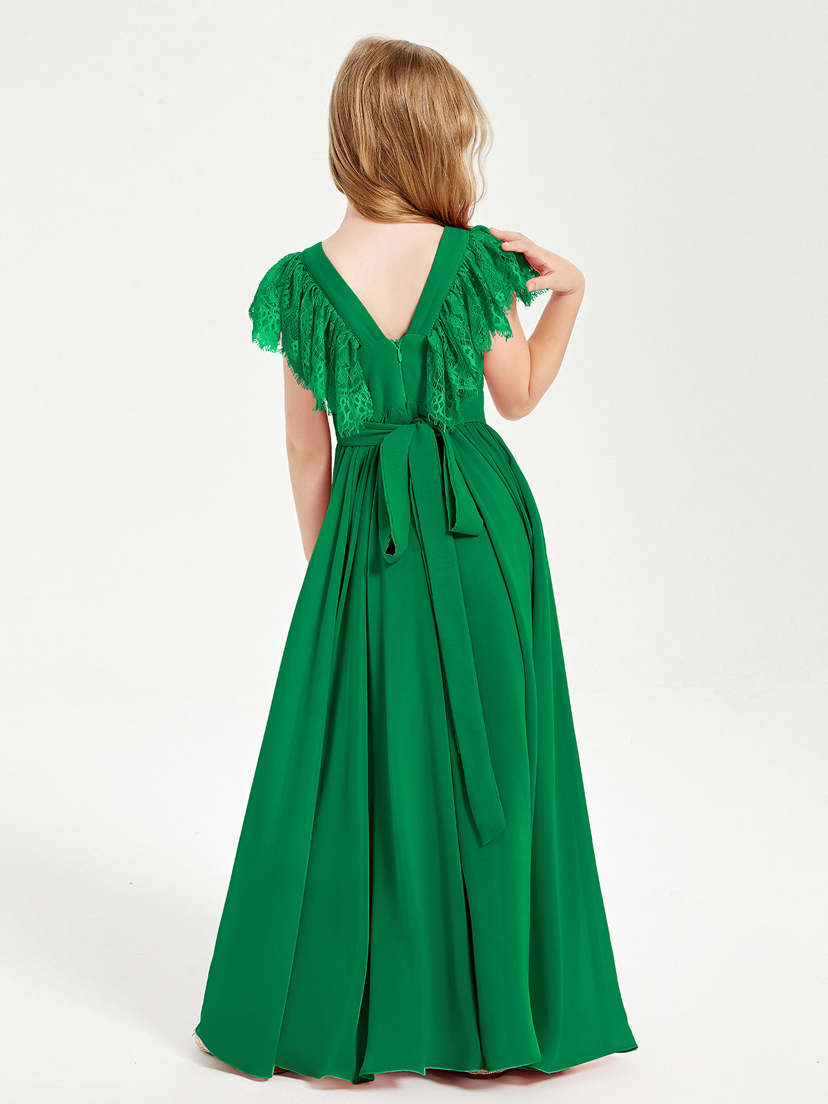 Chiffon Junior Bridesmaid Dresses with Lace Flutter Sleeves Emerald